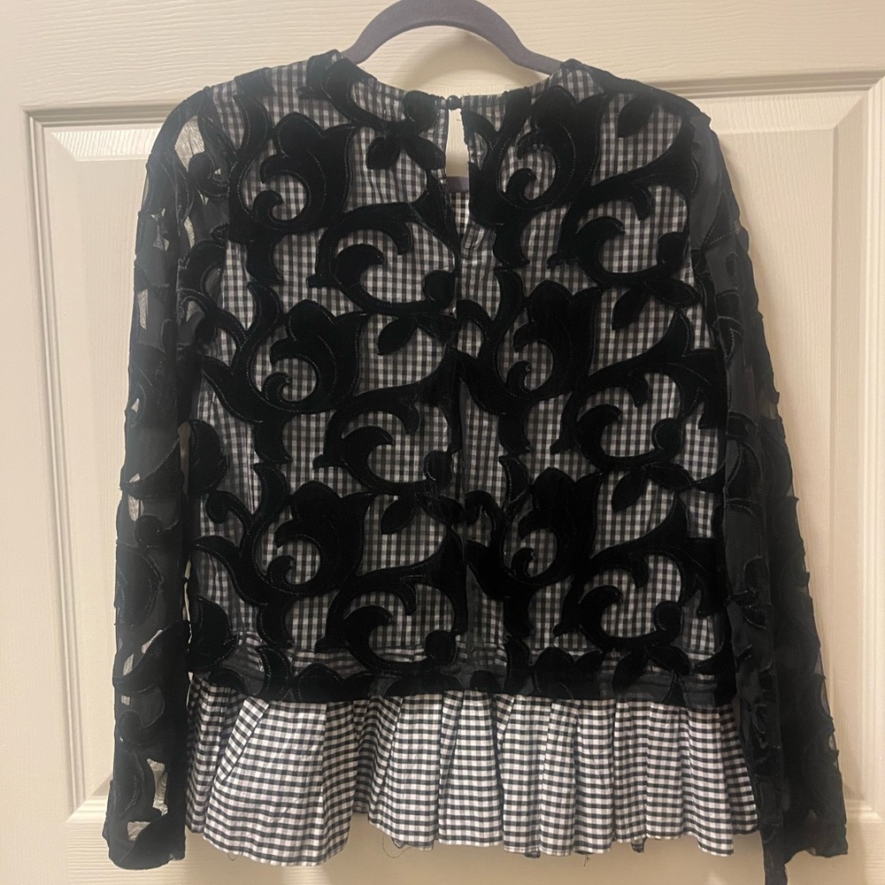 Adore Black Velvet Overlay Top with Gingham Blouse Underlay. Sz Med - Picture 2 of 7